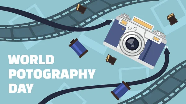 Wereldfotografiedag Concept Camera Voor Tape Haspel Internationale Vakantie Festival Microchips — Stockvector