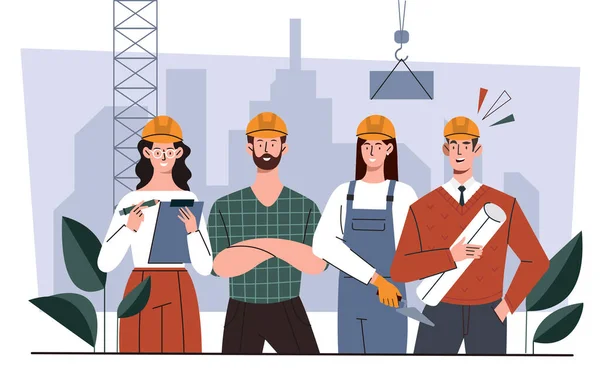 帽子のコンセプトでビルダー ブループリントと建物の背景に対する建設ショベルを持つ男性と女性 建築家とエンジニアのチーム 漫画フラットベクターイラスト — ストックベクタ
