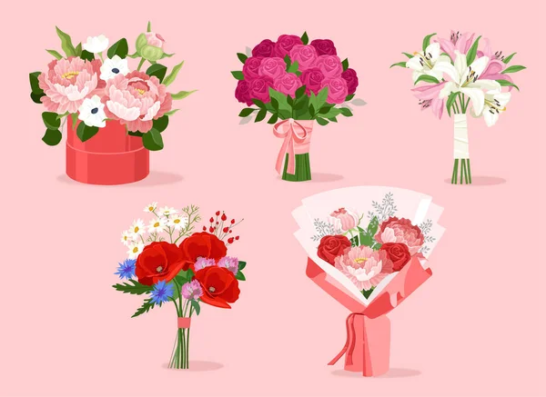 ウェディングブーケのコンセプト 紙を包む美しいカラフルな花 バレンタインデーと結婚記念日 ロマンチックな贈り物 ピンクの背景に隔離された漫画フラットベクターコレクション — ストックベクタ
