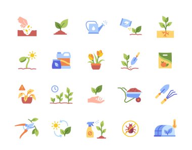 Bitki simgeleri oluşturun. Renkli bahar çiçekleri, tohumlar, toprak, sulama tenekesi, gübreler ve seralar. Tarım ve bahçıvanlık kavramı. Çizgi film düz vektör koleksiyonu beyaz arkaplanda izole edildi