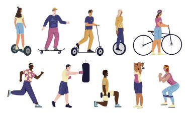 İnsanlar ve spor seti. Beden eğitimi, boks, koşu, elektrikli scooter, bisiklet, kaykay ve uçan kaykay yapan karakterler. Çizgi film düz vektörü beyaz arkaplanda izole edildi