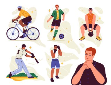 Erkekler spor takımını seçer. Karakter bisiklete biner, boks yapar, futbol ve beyzbol oynar, spor salonunda spor yapar. Fiziksel aktiviteler arasında düşünen bir adam. Çizgi film düz vektör çizimleri