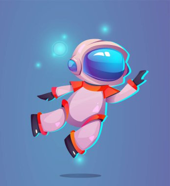 Sevimli küçük astronot. Kostümlü ve kasklı kozmik karakter parlayan yıldızlarla uzayda uçuyor. Oyun kullanıcı arayüzü için Isome gerçekçi uzay adamı. 3d vektör illüstrasyonu beyaz arkaplanda izole edildi