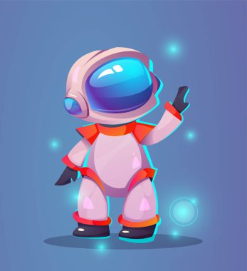 Sevimli küçük astronot. Oyun için kırmızı bayraklı miğferli Isome gerçekçi kozmik karakter. Evren ve parlayan yıldızlar kavramı. 3d vektör illüstrasyonu beyaz arkaplanda izole edildi