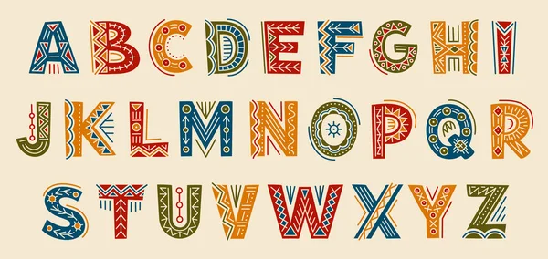Αφρικανική Φυλετική Γραμματοσειρά Διακοσμητικό Αλφάβητο Εξωτικό Έθνικ Μοτίβο Λαϊκός Σχεδιασμός — Διανυσματικό Αρχείο