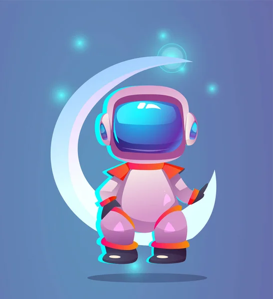 可爱的小宇航员 游戏设计中具有等比例现实主义风格的有趣角色 戴着头盔的太空人坐在月牙上 星星和宇宙在白色背景上孤立的3D矢量图 — 图库矢量图片