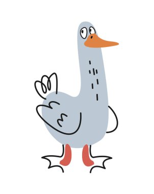 Şirin, dost canlısı hayvan. Duvar kâğıdı tasarımı için beyaz gülen kaz çizimi. Kanatlı komik karakter kuşu. Çizgi film düz vektör çizimi beyaz arkaplanda izole edildi