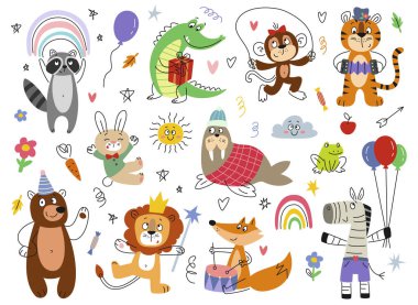 Cute smiling animal set. Doodle rocodile and monkey, tiger and bear, raccoon and fox. Outline print with characters for kids party or package design. Cartoon flat vector isolated on white background clipart