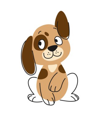 Özet olarak sevimli bir hayvan. Çizgi çizgisi sanat tarzında benekleri olan komik köpek ya da köpek yavrusu. Çocukların paket tasarımı için evcil hayvan karakterli doğrusal baskı. Çizgi film düz vektör çizimi beyaz arkaplanda izole edildi
