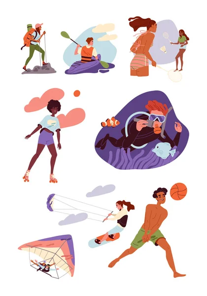 Menschen Und Sommerliche Freizeitaktivitäten Setzen Ein Glückliche Charaktere Fliegen Distanzsegeln — Stockvektor