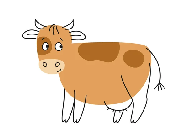 可爱的动物 有趣的奶牛的涂鸦风格 描述有角的哺乳动物的特征 用于装饰纺织品和织物的贴纸 在白色背景上孤立的卡通平面矢量图解 — 图库矢量图片