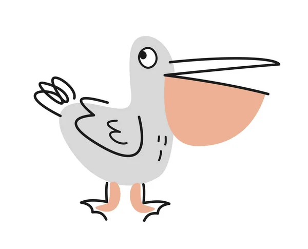 Nettes Freundliches Tier Weißer Geschmiedeter Pelikan Mit Großem Schnabel Doodle — Stockvektor