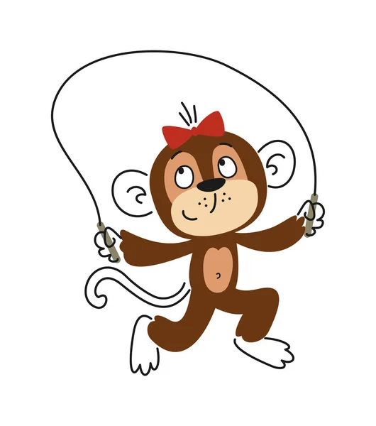 Sevimli Gülümseyen Hayvan Kırmızı Fiyonklu Çizimi Maymun Ipte Zıplıyor Çocuk — Stok Vektör