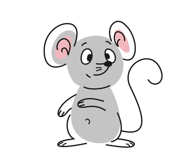 Περίγραμμα Χαριτωμένο Ζώο Γραμμικό Γκρι Ποντίκι Αρουραίος Αυτιά Doodle Χειροποίητο — Διανυσματικό Αρχείο