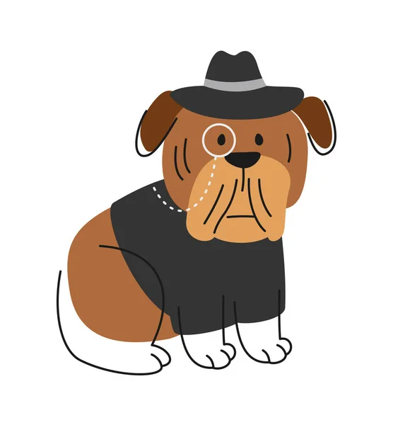 スーツを着たかわいい犬 ハットとモノクルで面白いブラウンブルドッグの子犬の概要 ウェブサイトやソーシャルメディアのための愛らしいペットとドードルプリント 白い背景に隔離された漫画の平らなベクターのイラスト — ストックベクタ