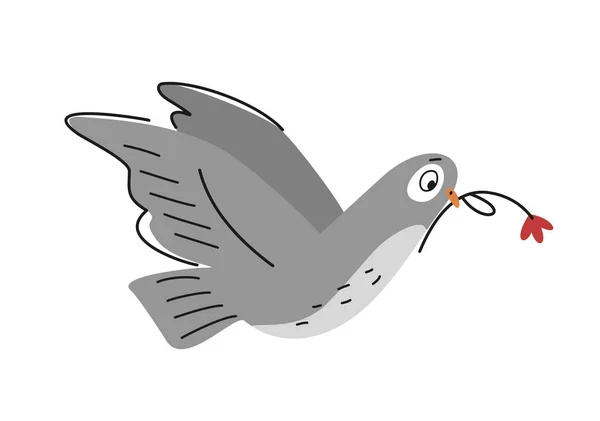 Komik Ana Hatlı Güvercin Barış Sembolü Çiçekli Uçan Karalama Güvercini — Stok Vektör