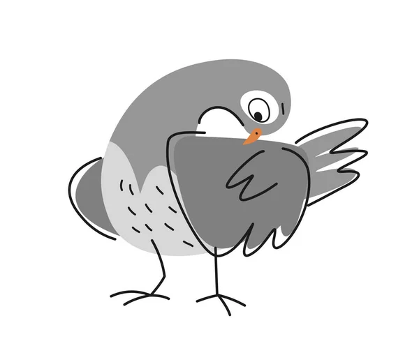 面白いアウトラインハット 線形の灰色の鳩は翼をきれいにする ポストカードまたは包装の設計のための都市の羽根付きの鳥とドードル描画 白い背景に隔離された漫画の平らなベクターのイラスト — ストックベクタ
