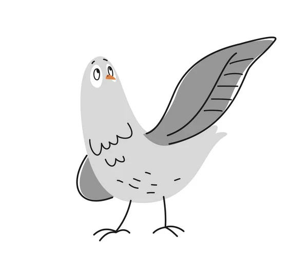 面白いアウトラインハット 手描きのスタイルの翼を持つかわいい落書きの白い鳩 ラッピングデザインのための都市鳥のアウトラインプリント 白い背景に隔離された漫画の平らなベクターのイラスト — ストックベクタ