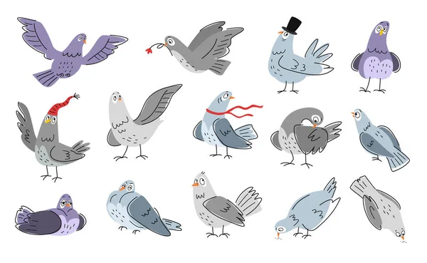 Funny Outline Dove Set Cute Urban Pigeons Fly Eat Sleep — Stock Vector