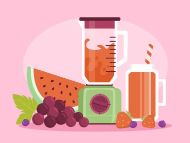 Meyve içecekleri konsepti. Böğürtlen suyu. Meyve sıkacağının yanında karpuz ve üzüm. Sağlıklı içecek ve içecekler. Lezzetli sıvılar ve içecek. Bardakta soğuk kokteyller. Çizgi film düz vektör çizimi