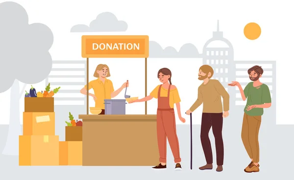 People Donation Food Concept Homeless Men Women Stand Natural Organic — Stock Vector