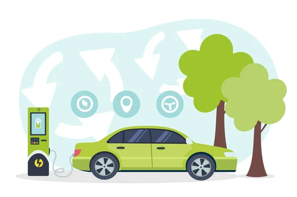 Eco Conceito Carregamento Carro Verde Estilo Vida Cuidados Com Natureza — Vetor de Stock
