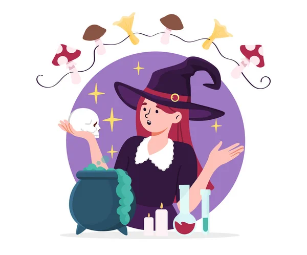 Magic Witch Scull Concept Young Girl Alchemy Magic Sorcery Witchcraft — Stock Vector