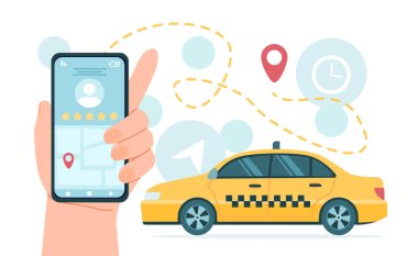 Telefon konseptinde taksi. Akıllı telefondan sarı araba siparişi. Seyahat ve turizm. Mobil uygulama veya program. Yer belirleme ve yön bulma. Poster ya da afiş. Çizgi film düz vektör çizimi