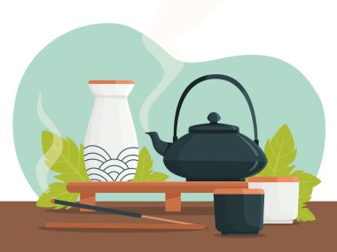 Çay töreni konsepti. Sıcak suyla demlik. Beyaz vazonun yanında siyah mutfak gereçleri. Japonya ve Çin töreni. Sağlıklı sıcak içecek ve içecek. Çizgi film düz vektör çizimi