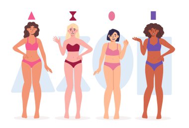 Kadın figürü seti. Farklı mayolu kadınlar. Geometrik şekilli genç kızlar. Üçgen, kare ve oval. Çizgi film düz vektör koleksiyonu beyaz arkaplanda izole edildi