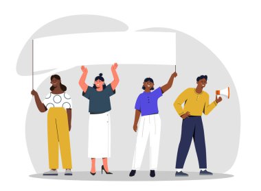 Boş pankart konsepti olan insanlar. Hoparlörlü erkekler ve kadınlar mitingde. Eylemciler ve vatandaşlar. Demokrasi ve ifade özgürlüğü. Kızlar ve protestodaki adam. Çizgi film düz vektör çizimi