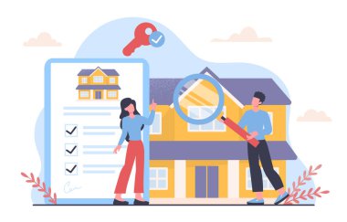 İnsanlar ev konseptini satın alıyor. Büyüteçli kadın ve erkek emlak ve özel mülkleri değerlendirir. Tasarruf ve aile bütçesi. Ekonomi ve yatırım. Çizgi film düz vektör çizimi