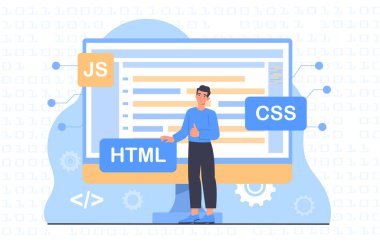 Müteahhit konsepti. Bilgisayar başında şifreli bir adam var. Programcı ve iş yerinde bilişim uzmanı. HTML ve CSS. Genç adam başvuru ya da program geliştiriyor. Çizgi film düz vektör çizimi