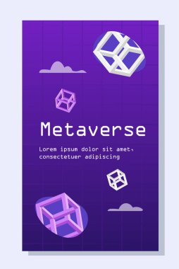 Metaverse neon poster konsepti. Modern teknolojiler ve yenilikler. Soyut geometrik şekiller. Şablon, yerleşim ve modelleme. Çizgi film düz vektör çizimi beyaz arkaplanda izole edildi