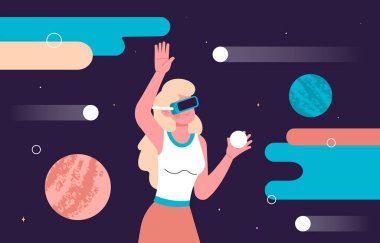 Meta oyun konsepti olan bir kadın. Geometrik figürlü video gözlüklü genç kız. Eğlence ve eğlence, video oyunları. Meta-evren ve siber uzay, sanal gerçeklik. Çizgi film düz vektör çizimi