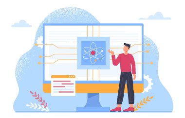 Kuantum konsepti olan bir adam. Bilgisayar monitörünün yanındaki genç adam. Devre kartı ve işlemci. Modern teknolojiler ve yenilikler. Fizik ve atom yapısı. Çizgi film düz vektör çizimi