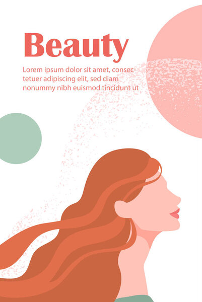 Обложка для портрета. Модель из модного журнала. Молодая красивая женщина с оранжевыми волосами. Эстетика и элегантность. Шаблон для листовки или буклета. Мультфильм с плоским вектором