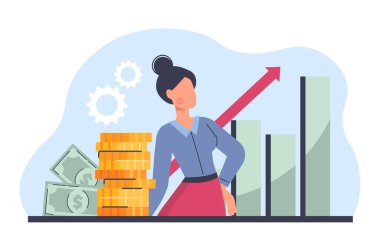 Grafik konsepti olan bir iş kadını. Grafik ve parası olan genç bir kız. Altın paralar ve banknotlar. Finansal okuryazarlık ve pasif gelir. Başarılı bir girişimciydi. Çizgi film düz vektör çizimi
