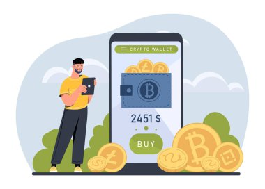 Şifreli cüzdan konsepti olan adam. Akıllı telefonu olan genç bir adam. Engelleme teknolojisi ve elektronik para. Yatırım ve ticaret, ekonomi. Bitcoin 'li karakter. Çizgi film düz vektör çizimi