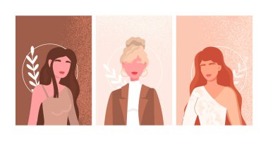 Moda portreleri asılıydı. Güzel ve çekici genç kızlar. Şık giyinmiş kadınlar. Estetik ve zarafet, tarz. Çizgi film düz vektör koleksiyonu beyaz arkaplanda izole edildi