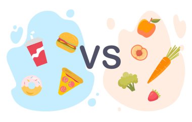 Sağlıklı ve sağlıksız gıda konsepti. Hamburger, soda, çörek ve pizzaya karşı vitaminli meyve ve sebzeler. Havuçlu ve brokolili fast food. Çizgi film düz vektör çizimi