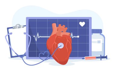 Kalp sorunu olan kardiyogram. Sağlık, teşhis ve tedavi. Kalp atışı monitörde ve ekranda. Web sitesi afişi ya da afişi. Çizgi film düz vektör çizimi