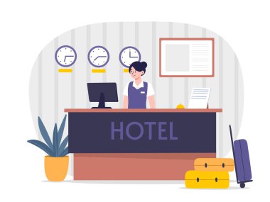 Otel kadın resepsiyonist konsepti. Kasiyerdeki üniformalı genç kız. Seyahat ve turizm. Bagajı ve bagajı olan bir karakter. Poster ya da afiş. Çizgi film düz vektör çizimi