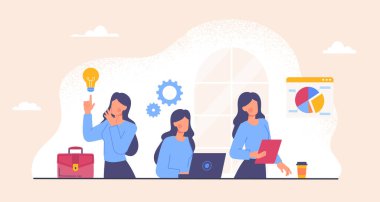 Birden fazla iş kadını konsepti. Grafikleri ve diyagramı olan kızlar. Etkili iş akışının zaman yönetimi organizasyonu. Bilgi grafikleri ve veri görselleştirmesi. Çizgi film düz vektör çizimi