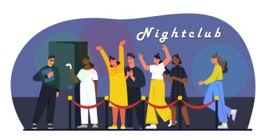Gece kulübü konseptindeki insanlar. Erkekler ve kadınlar güvenlik personelinin yanında. Eğlence ve eğlence. Parti ve disko, etkinlik. Genç adam ve kızlar yüz kontrolüne yakın. Çizgi film düz vektör çizimi