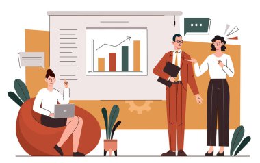 İnsanlar grafik kavramını tartışıyor. Beyin fırtınası ve CEO iletişimi. Analistlerden oluşan bir ekip pazar araştırması yapıyor. Bilgi grafikleri ve veri görselleştirmesi. Çizgi film düz vektör çizimi