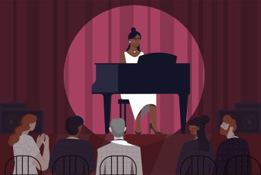Sahne konseptinde piyanist. Beyaz elbiseli kadın piyano çalar ve sahnede gösteri yapar. Müzikal performans ve gösteri, caz ve klasik müzik. Yaratıcılık ve sanat. Çizgi film düz vektör çizimi
