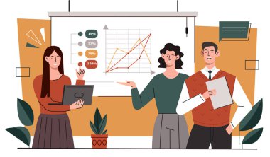 Grafik konseptiyle takım çalışması. Haritaların arka planında erkek ve kadınlar var. Veri görselleştirme ve bilgi grafikleri. Analistler pazar araştırması yapıyor. Planlama ve muhasebe. Çizgi film düz vektör çizimi