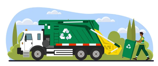 男とゴミのトラックのコンセプト ゴミのリサイクルと再利用 エコロジーを大切にし 有害廃棄物の放出を減らしています 持続可能なライフスタイル 漫画フラットベクターイラスト — ストックベクタ