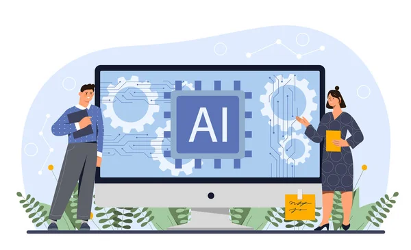 stock vector Artificial intelligence concept. Modern technologies and innovations. Man and woman with AI and machine learning. People near computer monitor. Cartoon flat vector illustration